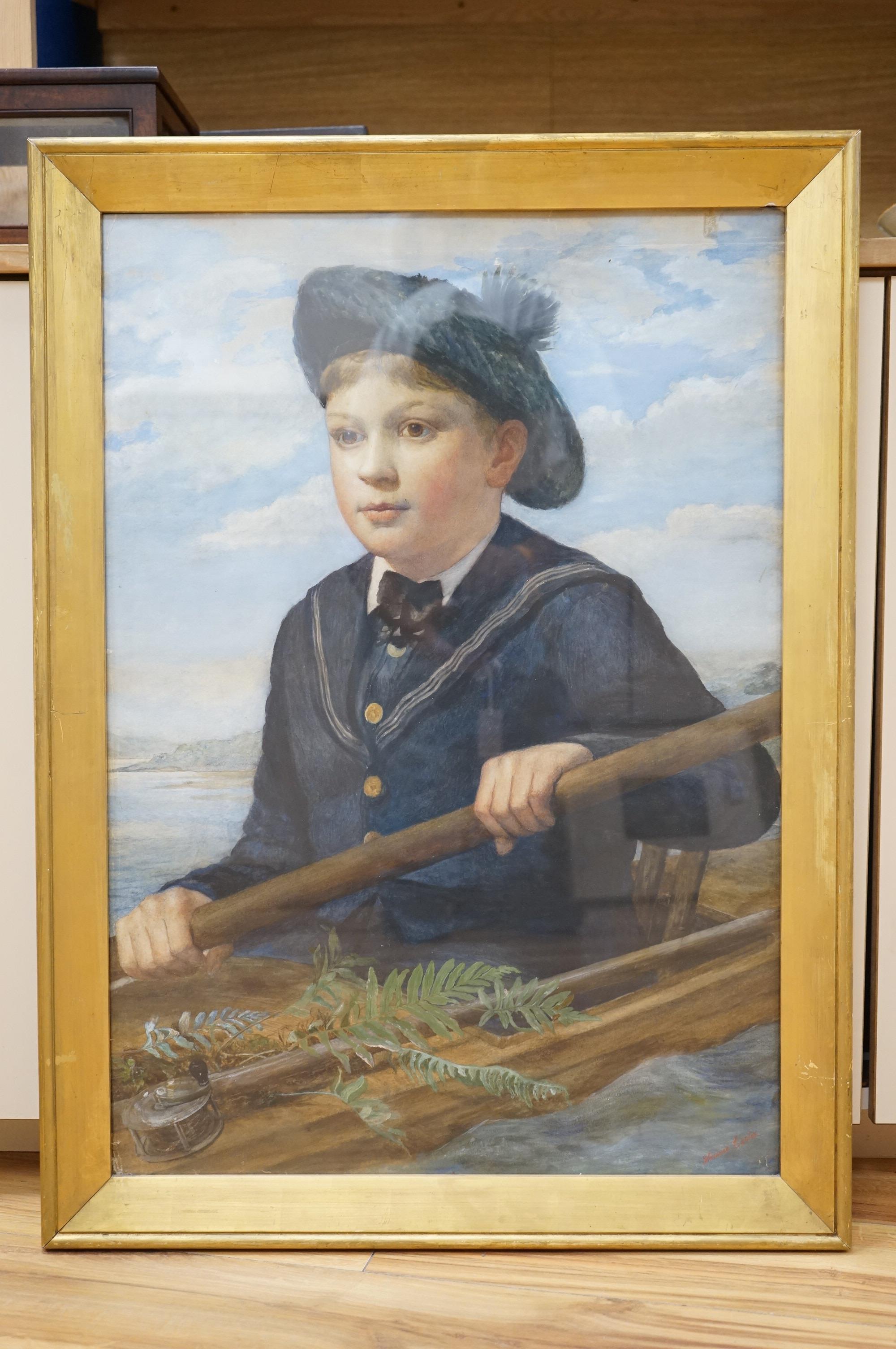 British School, Young boy wearing a sailors suit and paddling a canoe in a lakeland landscape, indistinctly signed lower right, watercolour, 71 x 49cm